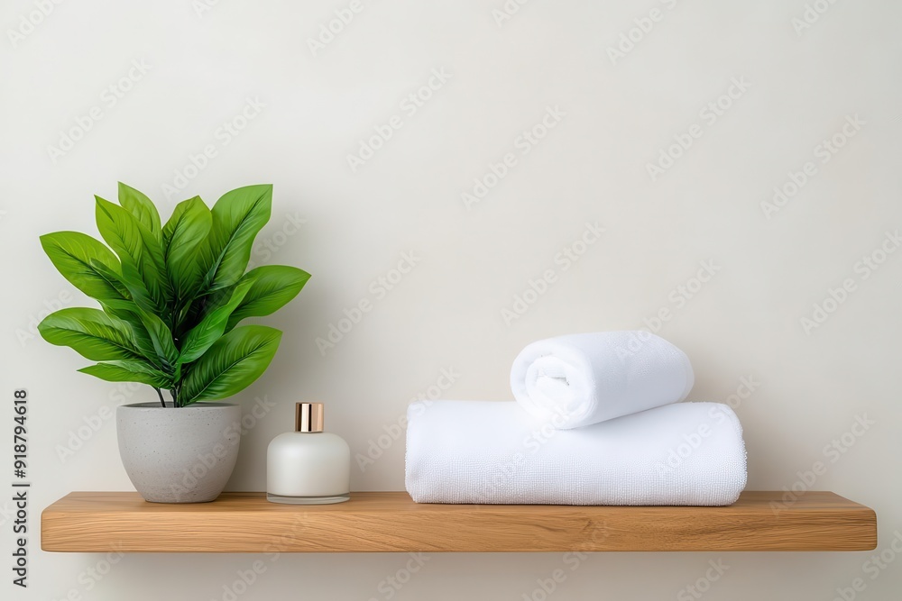 A serene bathroom shelf featuring fresh towels, a scented lotion, and a vibrant plant for a calming ambiance. A serene bathroom shelf featuring fresh towels, a scented lotion, and a vibrant plant for a calming ambiance.