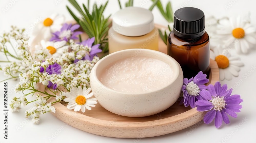 A serene display of natural skincare products surrounded by fresh flowers, perfect for promoting beauty and wellness. A serene display of natural skincare products surrounded by fresh flowers, perfect for promoting beauty and wellness.