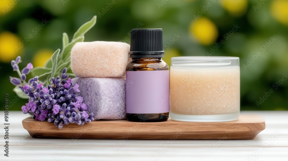 A tranquil display of aromatherapy essentials featuring lavender, essential oil, soap, and a candle on a wooden tray. A tranquil display of aromatherapy essentials featuring lavender, essential oil, soap, and a candle on a wooden tray.