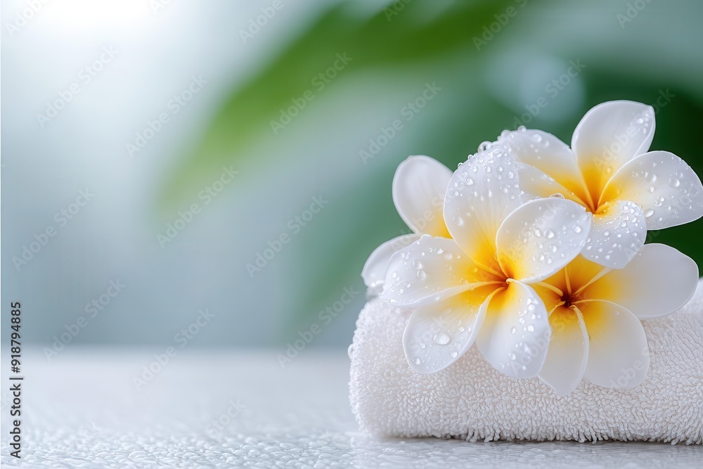 Delicate white and yellow flowers rest on a soft towel, adorned with droplets, evoking a sense of tranquility and freshness. Delicate white and yellow flowers rest on a soft towel, adorned with droplets, evoking a sense of tranquility and freshness.