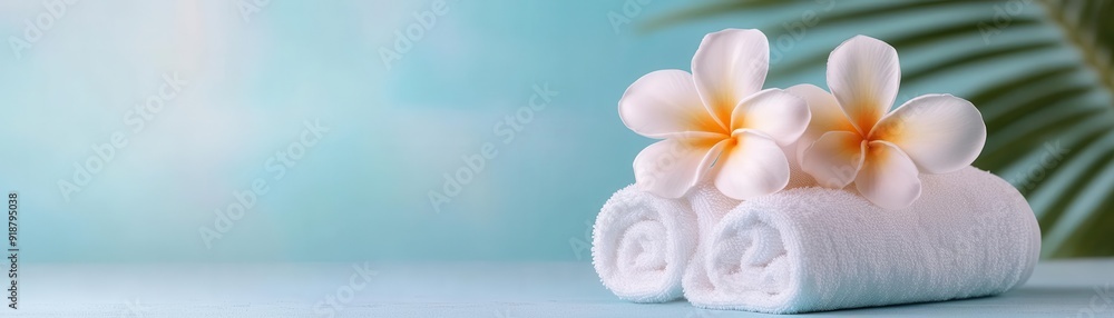 Relaxing spa scene featuring rolled towels and blooming flowers, perfect for wellness and beauty themes. Relaxing spa scene featuring rolled towels and blooming flowers, perfect for wellness and beauty themes.