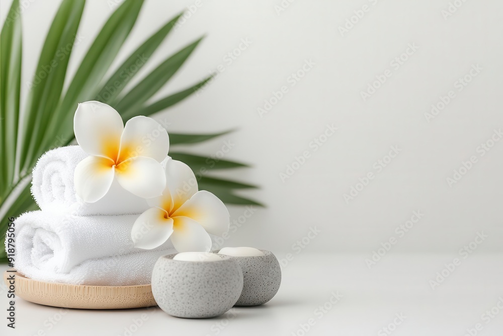 Relaxing spa setup featuring towels, flowers, and candles for a tranquil atmosphere. Relaxing spa setup featuring towels, flowers, and candles for a tranquil atmosphere.