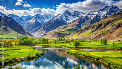 Beautiful landscape of Kargil valley in Srinagar, Jammu Kashmir, India showcasing lush green fields photo