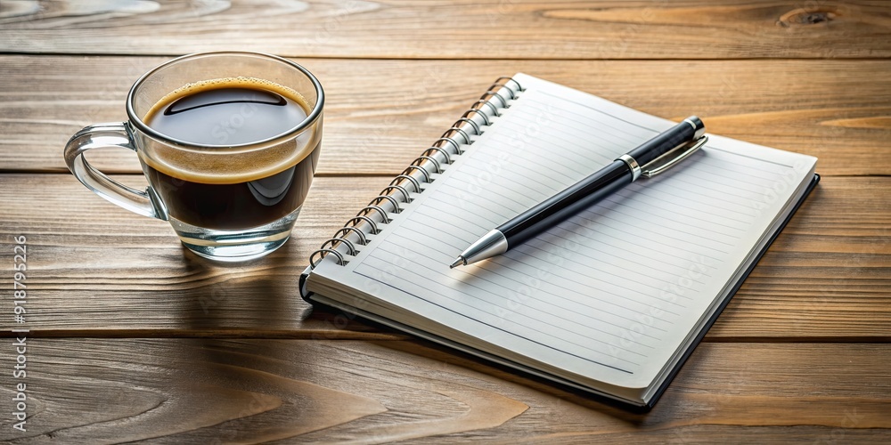 Open notebook with pen and glass of coffee on desk , workspace, office setup, creative thinking Open notebook with pen and glass of coffee on desk , workspace, office setup, creative thinking