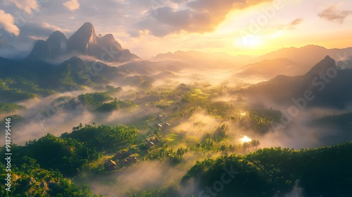 Misty Mountain Sunrise Over a Village. generative ai illustration.