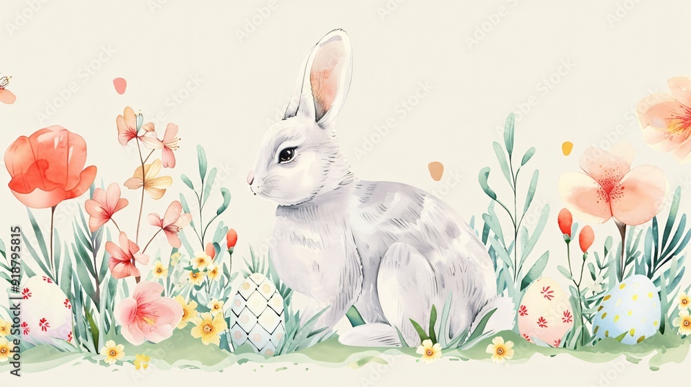 5. A whimsical Happy Easter card featuring a watercolor vector of an Easter rabbit, decorated eggs, and fresh spring flowers, all illustrated in gentle pastel colors on a light background 5. A whimsical Happy Easter card featuring a watercolor vector of an Easter rabbit, decorated eggs, and fresh spring flowers, all illustrated in gentle pastel colors on a light background