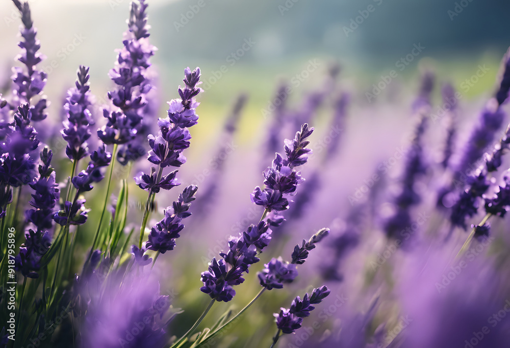 Naklejka premium A close-up view of blooming lavender flowers in a field, with soft sunlight illuminating the purple petals. The background is softly blurred, creating a dreamy atmosphere.