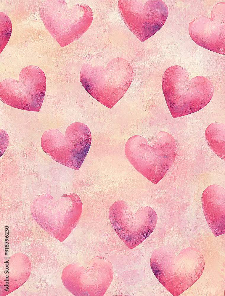 A seamless pattern with watercolor hearts in soft pinks, their forms interlacing and overlapping on an artistically textured background A seamless pattern with watercolor hearts in soft pinks, their forms interlacing and overlapping on an artistically textured background
