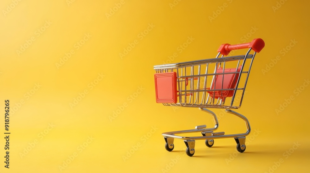 A shopping cart is sitting on a yellow background A shopping cart is sitting on a yellow background