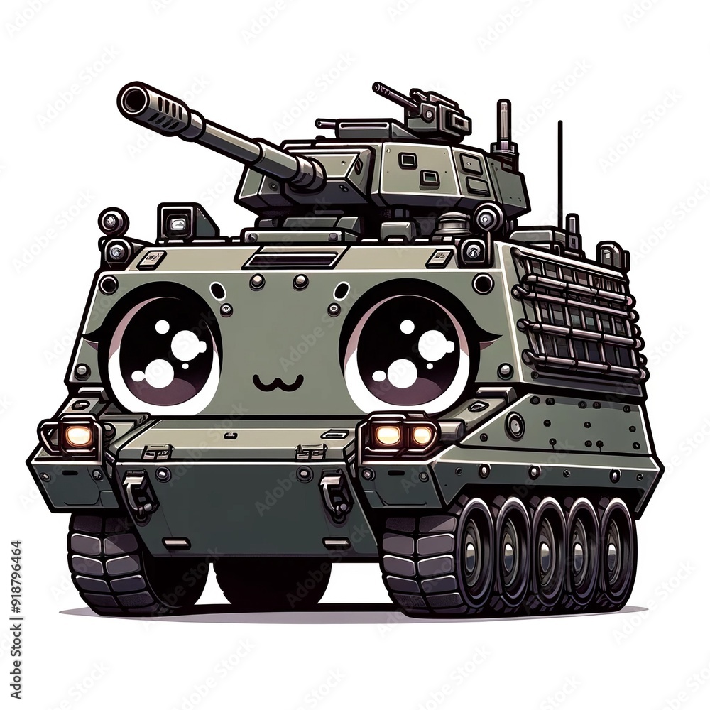 Cute animated military tank with a smiling face and large eyes Cute animated military tank with a smiling face and large eyes