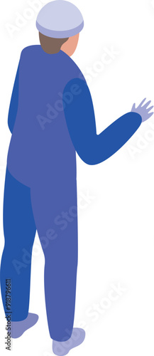 Cleaning service worker wearing blue uniform and white hat is gesturing with hand isometric view