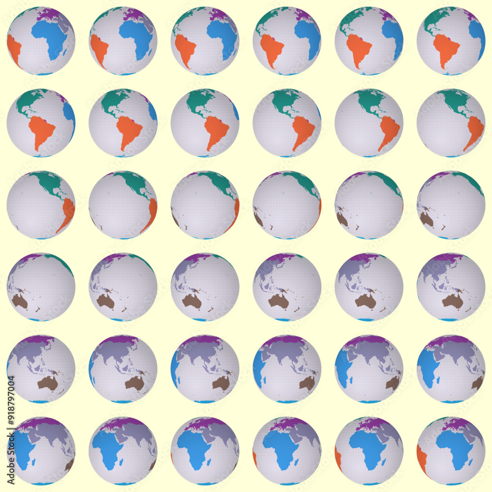 Collection of globes. Normal sphere view. Rotation step 10 degrees. Colored continents style. World map with dense graticule lines on pale background. Captivating vector illustration. Collection of globes. Normal sphere view. Rotation step 10 degrees. Colored continents style. World map with dense graticule lines on pale background. Captivating vector illustration.