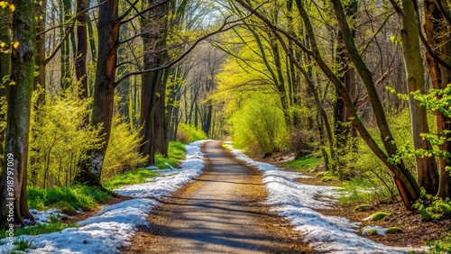 Spring forest path with patches of snow, trees beginning to bud , nature, landscape, spring, forest, path, snow, melting, trees