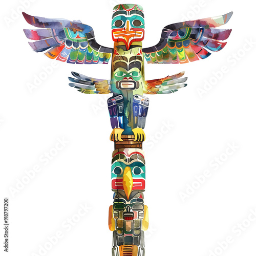 a super-cute comic cartoon Totem Pole, full body, watercolor illustration photo