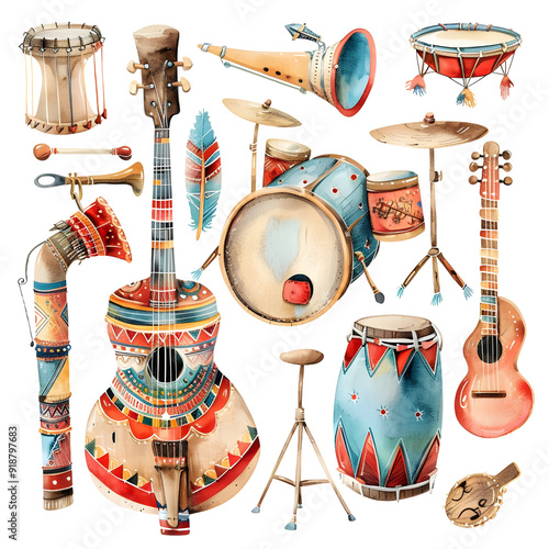 a super-cute comic cartoon Musical Instruments, full body, watercolor illustration photo