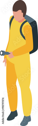 Speleologist is exploring a cave, holding a flashlight to see in the dark