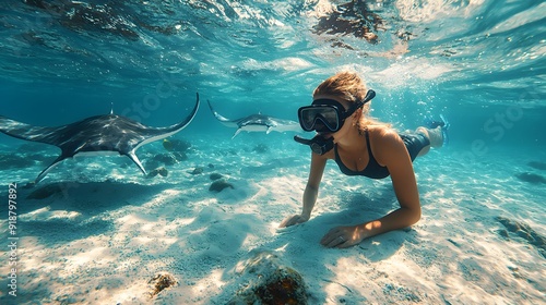 240802 173. Digital nomad in Hanifaru Bay, Maldives, A nature-loving honeymooner on vacation takes a serene break in an eco-friendly beachside cafe, working on her underwater camera, She snorkeling