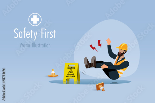 Construction worker slip and fall on wet floor. Safety first, accident caution at construction site. Vector.
