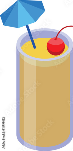 Tall glass containing cocktail with umbrella and cherry is waiting for you