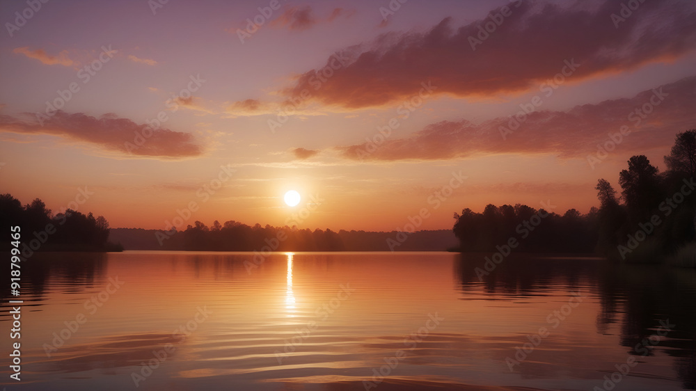 Serene Sunset Over a Calm Lake, Peaceful Nature Scene with Reflections Serene Sunset Over a Calm Lake, Peaceful Nature Scene with Reflections