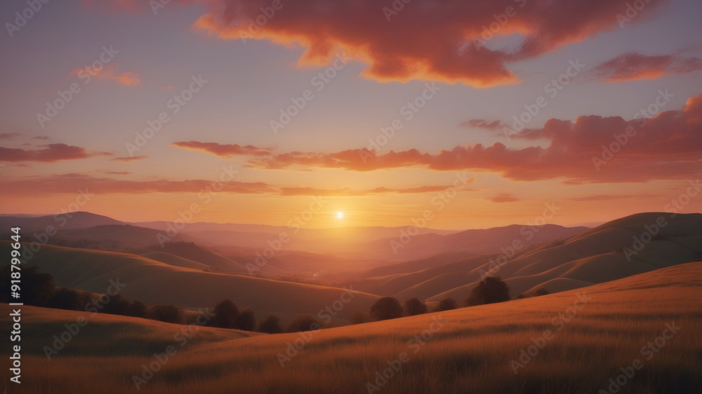 Majestic Sunset Over Rolling Hills, Scenic Nature Landscape with Golden Light Majestic Sunset Over Rolling Hills, Scenic Nature Landscape with Golden Light
