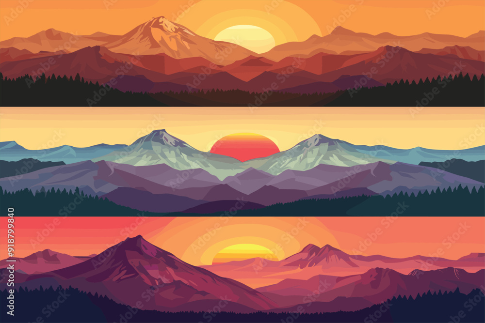 Naklejka premium Set of mountains landscape at sunset vector illustration. Panoramic landscape backgrounds. Sunset and sunrise background illustration.
