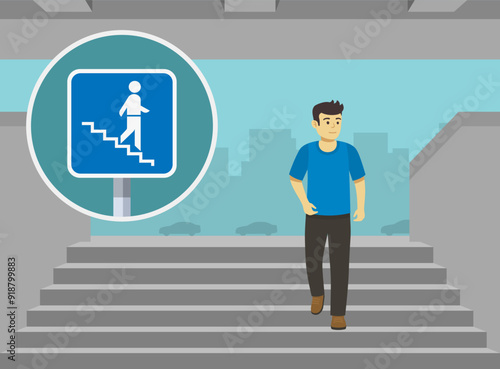 Young male character going downstairs of an underground. British "stepped entrance to a subway" sign meaning. Flat vector illustration template.