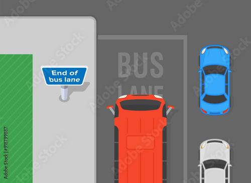 Safe driving tips and traffic regulation rules. Red bus is approaching junction with "End of bus lane" sign. Top view. Flat vector illustration template.
