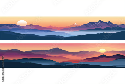 Set of mountains landscape at sunset vector illustration. Panoramic landscape backgrounds. Sunset and sunrise background illustration. 