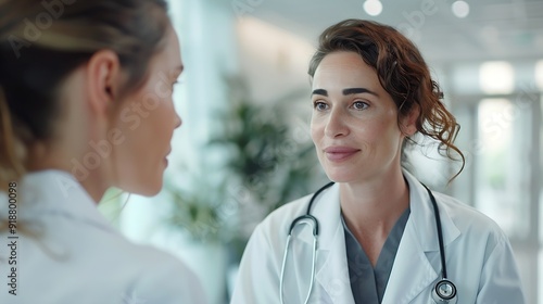 Pharmaceutical sales representative talking with female doctor in medical building Hospital director consulting with healthcare staff : Generative AI