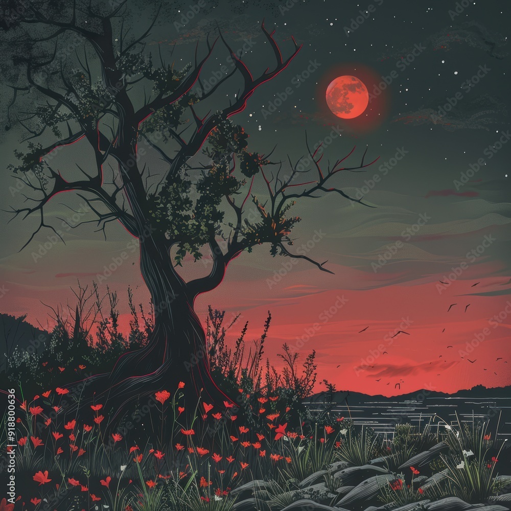 A lone tree stands silhouetted against a blood red moon and a starry night sky A lone tree stands silhouetted against a blood red moon and a starry night sky