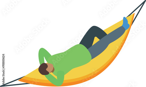 Young man is lying down on a yellow hammock, enjoying a moment of peace and tranquility