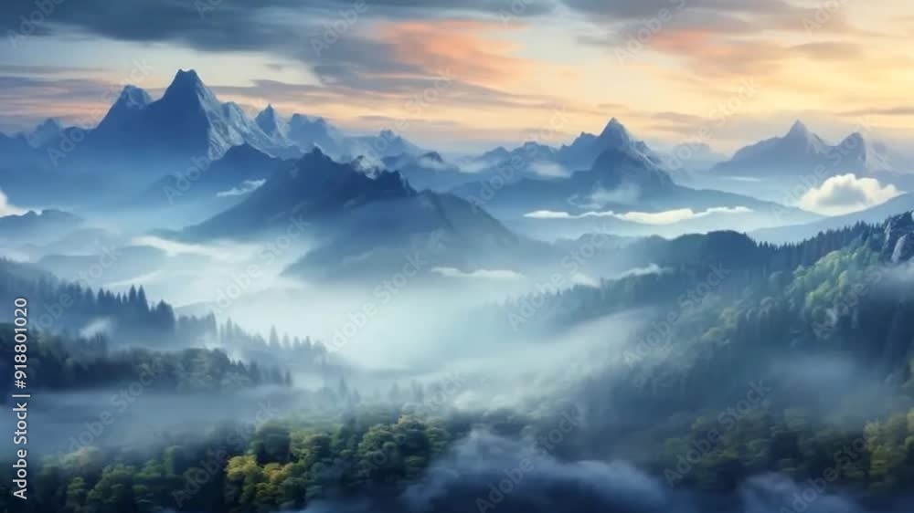 Misty mountain ridge with a panoramic view of surrounding peaks and valleys Misty mountain ridge with a panoramic view of surrounding peaks and valleys