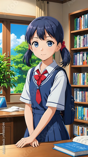 Anime girl in library