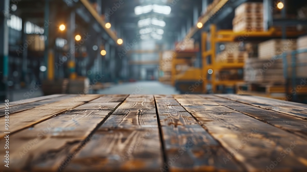 Empty wood table top with blur background of warehouse of factory The table giving copy space for placing advertising product on the table along with beautiful industrial warehouse bac : Generative AI Empty wood table top with blur background of warehouse of factory The table giving copy space for placing advertising product on the table along with beautiful industrial warehouse bac : Generative AI