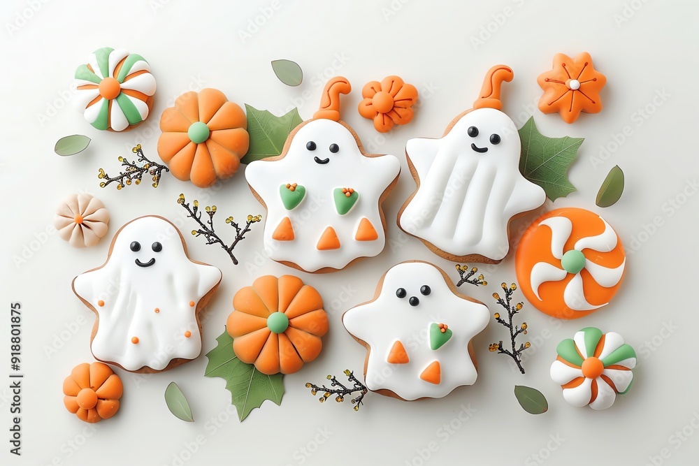 Ghost-shaped cookies, Halloween dessert, clean white background Ghost-shaped cookies, Halloween dessert, clean white background
