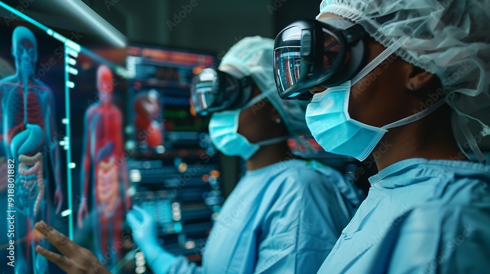 Multiethnic surgeons in AR headsets work in hightech operating room Medical professionals using AI virtual holographic display 3D graphics of health monitors and human organs Future of : Generative AI Multiethnic surgeons in AR headsets work in hightech operating room Medical professionals using AI virtual holographic display 3D graphics of health monitors and human organs Future of : Generative AI