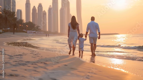 A happy family on summer vacation walks down a beautiful city beach in Dubai UAE : Generative AI