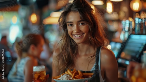 Smiling waitress serving food and drinks to customers having fun at restaurant : Generative AI photo