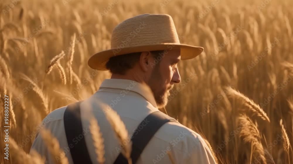 Seen from behind, a Caucasian male farmer wearing a hat walks along a path that cuts through a golden wheat field, with a spectacular sunset casting a warm glow over the scene Seen from behind, a Caucasian male farmer wearing a hat walks along a path that cuts through a golden wheat field, with a spectacular sunset casting a warm glow over the scene