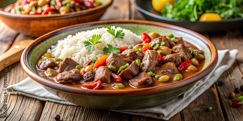 Delicious Carne Guisada with savory sauce, beans, and rice, Carne Guisada, Mexican cuisine, stew, meat Delicious Carne Guisada with savory sauce, beans, and rice, Carne Guisada, Mexican cuisine, stew, meat