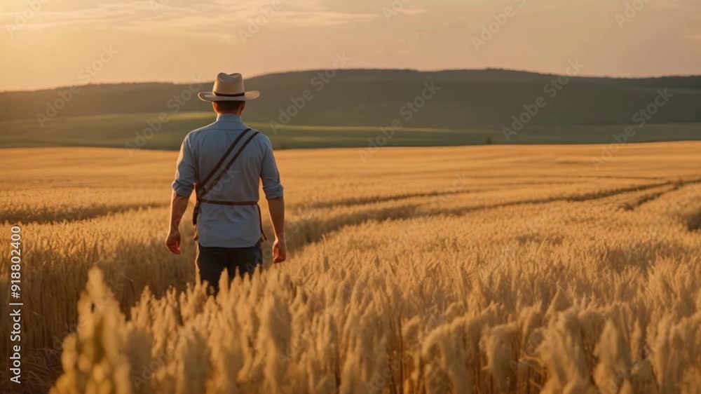 A Caucasian male farmer, donning a hat, is observed from the rear as he strolls along a pathway through a golden wheat field, illuminated by a breathtaking sunset A Caucasian male farmer, donning a hat, is observed from the rear as he strolls along a pathway through a golden wheat field, illuminated by a breathtaking sunset