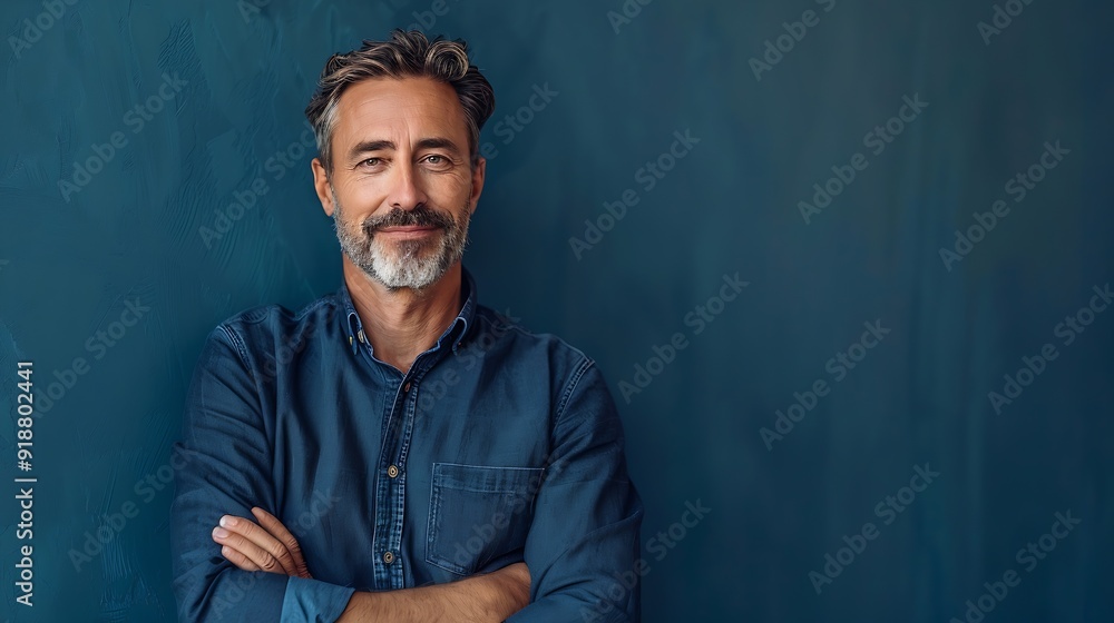 © Generative AI - Handsome middleaged man standing with his arms folded looking at camera and smiling Halflength front portrait against blue background with copy space : Generative AI