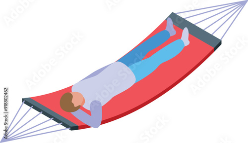Young man is relaxing lying on a red hammock, enjoying a peaceful moment of leisure