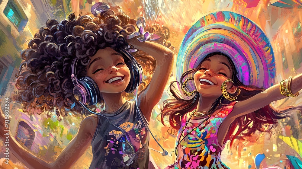 Joyful Music Moments: Cheerful Illustration of Two Young Girls Dancing with Style - Perfect for a Vibrant Sports Room Poster! Joyful Music Moments: Cheerful Illustration of Two Young Girls Dancing with Style - Perfect for a Vibrant Sports Room Poster!