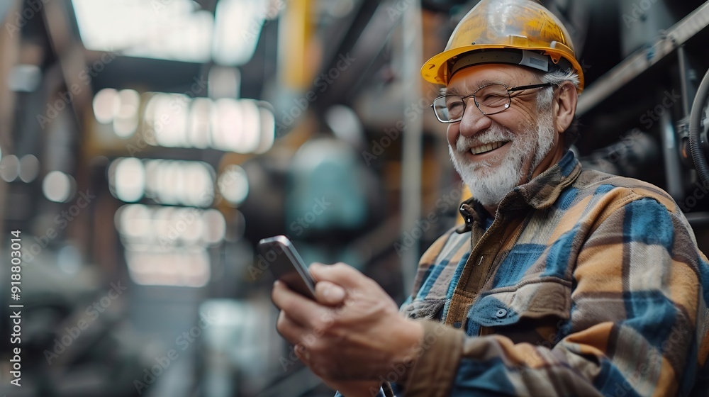 A joyful senior Caucasian man is on his break in the factory workshop using his cellphone and smiling with copyspace : Generative AI A joyful senior Caucasian man is on his break in the factory workshop using his cellphone and smiling with copyspace : Generative AI