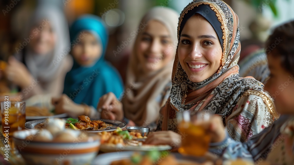 Happy Muslim family having iftar dinner to break fasting during Ramadan dining table at home group of people eating a healthy food dates : Generative AI Happy Muslim family having iftar dinner to break fasting during Ramadan dining table at home group of people eating a healthy food dates : Generative AI