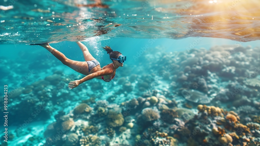 Snorkel woman swimming in the turquoise ocean sea relaxing floating on luxury travel vacation above underwater coral reefs Water sport diving active lifestyle banner : Generative AI