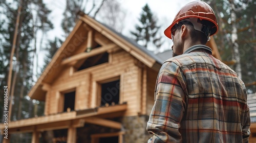 Worker building wooden twostory house near the forest Man in work clothes and hard hat reviewing the construction plan The aim is to implement modern environmentallyfriendly constructi : Generative AI