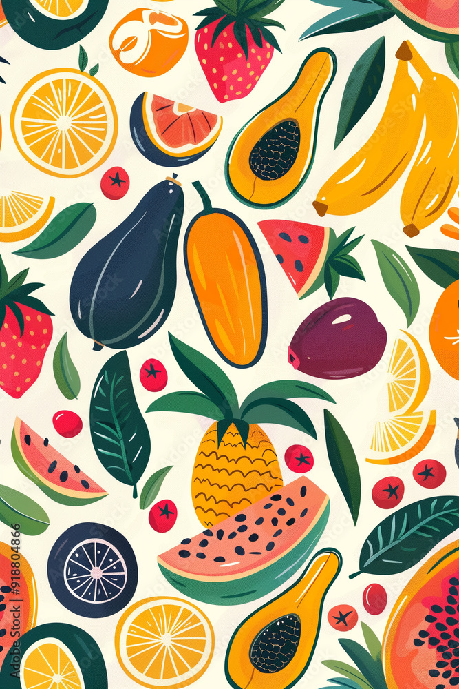 Tropical pattern with exotic fruits, summer background illustration. Tropical pattern with exotic fruits, summer background illustration.